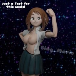 3d big_breasts bing_mario brown_hair female flexing happy my_hero_academia ochako_uraraka open_shirt seductive