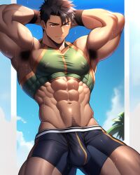 1boy 1human 1male 1man abs ai_generated arm_up bara bara_tiddies bara_tits biceps big_arms big_muscles black_hair bulge bulge_through_clothing dark-skinned_male dark_skin large_pecs large_pectorals looking_down male male_focus male_nipples male_only man man_boobs man_breasts man_tits manly masculine masculine_male muscle muscles muscular muscular_arms navel nipples pecs pectorals sweat sweating underwear underwear_only wet wet_body wet_skin