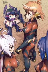 4girls black_hair blue_hair bodysuit brainwashing brown_hair corruption defeated defeated_heroine empty_eyes female green_eyes jpeg kazanari_tsubasa kohinata_miku multiple_girls nipples nipples_visible_through_clothing orange_eyes purple_eyes senki_zesshou_symphogear signature slave stockings tachibana_hibiki_(symphogear) thighhighs ugandam_00 white_hair yukine_chris