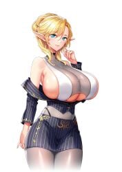 1girls alpha_channel bare_shoulders big_breasts blonde_hair blue_eyes blush breasts breasts_bigger_than_head curvy curvy_female derauea earrings elf elf_ears elf_female female female_only for_sticker_use game_cg huge_breasts large_breasts looking_at_viewer mature mature_female mature_woman milf milk_factory mother motto!_haramase!_honoo_no_oppai_isekai_oppai_meido_gakuen! no_background nunnun_lafleur official_art png pointy_ears shiny shiny_skin sideboob solo sticker_template thin_waist thong transparent_background transparent_png underboob