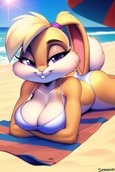 1girls ai_generated anthro arms_under_breasts beach cartoon_network cleavage highres lola_bunny lying_down lying_on_stomach nai_diffusion partially_clothed purple_eyes rabbit rabbit_ears rabbit_humanoid rubycks smiling space_jam stable_diffusion towel white_bikini