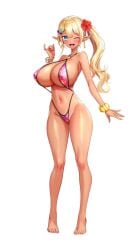 1girls big_breasts bikini blonde_hair blue_eyes blush blush breasts cameltoe curvy curvy_female dark-skinned_female dark_elf dark_skin derauea earrings elf elf_ears elf_female elf_girl female female_only hair_ornament huge_breasts large_breasts long_hair looking_at_viewer milk_factory motto!_haramase!_honoo_no_oppai_isekai_oppai_meido_gakuen! myunmyun_lafleur navel nipple_bulge official_art open_mouth png pointy_ears ponytail shiny shiny_skin smile smiling smiling_at_viewer solo thin_waist thong transparent_background wink winking winking_at_viewer