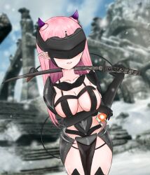 1girls airi00100 bethesda_softworks bikini_armor blade covered_eyes demon_girl demon_horns demon_tail female female_only fireball horns katana light-skinned_female light_skin magic outside pink_hair pointy_ears production_kawaii reina_sun_(vtuber) skyrim snow solo sword tail the_elder_scrolls virtual_youtuber weapon