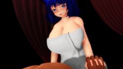 1boy 1girls 3d animated blue_eyes blue_hair breasts cleavage clothed_female_nude_male corpse cowgirl_position dark-skinned_male dark_skin female furui heart heart-shaped_pupils highres huge_breasts light-skinned_female light_skin mikumikudance mmd muscular muscular_male naked_towel no_sound nude seiga_kaku sex short_hair sin_sack symbol-shaped_pupils touhou towel vaginal_penetration video