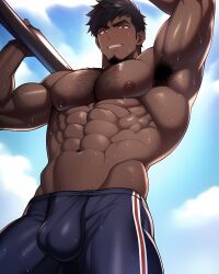 1boy 1human 1male 1man abs ai_generated arm_up armpit_hair armpits bara bara_tiddies bara_tits biceps big_arms big_muscles black_hair bulge bulge_through_clothing dark-skinned_male dark_skin deltoids hairy_armpits hairy_chest hairy_male large_pecs large_pectorals looking_down male male_focus male_nipples male_only man man_boobs man_breasts man_tits manly masculine masculine_male muscle muscles muscular muscular_arms navel nipples pecs pectorals sweat sweating underwear underwear_only wet wet_body wet_skin