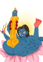 blue_skin body_writing dildo dildo_in_ass female_focus female_only flower_petals goddess hindu_mythology hinduism kali looking_pleasured masturbation multi_arm multi_limb tagme yellow_eyes