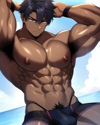 1boy 1human 1male 1man abs ai_generated arm_up bara bara_tiddies bara_tits biceps big_arms big_muscles black_hair bulge bulge_through_clothing dark-skinned_male dark_skin deltoids large_pecs large_pectorals looking_down male male_focus male_nipples male_only man man_boobs man_breasts man_tits manly masculine masculine_male muscle muscles muscular muscular_arms navel nipples pecs pectorals sweat sweating trapezius underwear underwear_only wet wet_body wet_skin