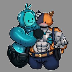 2022 2boys abs anthro belt big_muscles blue_body blush bottomwear calico_cat clothed clothing domestic_cat duo epic_games felid feline felis fingerless_gloves fortnite gay glistening glistening_body gloves goo_creature goo_humanoid grey_background handwear highres humanoid male male/male male_only mammal meowscles_(fortnite) mottled muscular muscular_male open_mouth pants pec_grab pec_grasp pecs piebald rippley simple_background sketchylimesliv smile suspenders topless yaoi