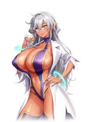 1girls alpha_channel big_breasts breasts breasts_bigger_than_head chemicals chemistry curvy curvy_female dark-skinned_female dark_elf dark_skin derauea earrings elf elf_ears elf_female female female_only for_sticker_use glasses gray_hair hand_on_hip huge_breasts lab_coat labcoat large_breasts long_hair looking_at_viewer mature mature_female mature_woman milf milk_factory motto!_haramase!_honoo_no_oppai_isekai_oppai_meido_gakuen! navel nipple_bulge no_background official_art parthia_ramsey png revealing_clothes shiny shiny_clothes shiny_skin smile smiling smiling_at_viewer solo sticker_template stockings thin_waist transparent_background transparent_png