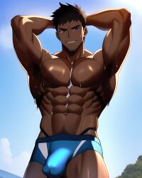 1boy 1human 1male 1man abs ai_generated arm_up bara bara_tiddies bara_tits biceps big_arms big_muscles black_hair bulge bulge_through_clothing dark-skinned_male dark_skin deltoids large_pecs large_pectorals looking_down male male_focus male_nipples male_only man man_boobs man_breasts man_tits manly masculine masculine_male muscle muscles muscular muscular_arms navel nipples pecs pectorals sweat sweating trapezius underwear underwear_only wet wet_body wet_skin