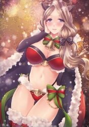 1girls alternate_costume animal_ears antlers artist_name asa_(asakisafe1) ass_visible_through_thighs bell bell_collar black_hair black_sleeves blonde_hair blue_eyes blunt_bangs blush bow bowtie breasts bridal_gauntlets cape christmas cosplay female female_only fire_emblem fire_emblem:_three_houses fire_emblem_awakening fire_emblem_heroes fringe fur-trimmed_cape fur_trim green_bow green_bowtie hair_ornament highres holidays intelligent_systems large_breasts long_hair looking_at_viewer mercedes_von_martritz navel neck_bell nintendo official_alternate_costume panties red_panties signature snowflake solo tharja_(fire_emblem)_(cosplay) thick_thighs thighs underwear watermark wearing_others_clothes wide_hips