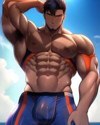 1boy 1human 1male 1man abs ai_generated arm_up bara bara_tiddies bara_tits biceps big_arms big_muscles black_hair bulge bulge_through_clothing dark-skinned_male dark_skin deltoids large_pecs large_pectorals looking_down male male_focus male_nipples male_only man man_boobs man_breasts man_tits manly masculine masculine_male muscle muscles muscular muscular_arms navel nipples pecs pectorals sweat sweating trapezius underwear underwear_only wet wet_body wet_skin