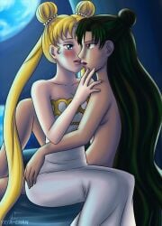 2girls bishoujo_senshi_sailor_moon clothed_female_nude_female clothing dress female female_only imminent_kiss multiple_girls nude_female princess_serenity setsuna_meiou sleeveless_dress small_breasts usagi_tsukino yrya-chan yuri