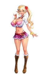 1girls belly belt big_breasts blonde_hair blue_eyes boots breasts curvy curvy_female dark-skinned_female dark_elf dark_skin derauea earrings elf elf_ears elf_female elf_girl female female_only hair_ornament huge_breasts large_breasts long_hair looking_at_viewer milk_factory motto!_haramase!_honoo_no_oppai_isekai_oppai_meido_gakuen! myunmyun_lafleur navel nipple_bulge official_art open_mouth png pointy_ears ponytail shiny shiny_skin short_skirt skirt solo thin_waist thong transparent_background