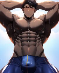 1boy 1human 1male 1man abs ai_generated arm_up bara bara_tiddies bara_tits biceps big_arms big_muscles black_hair bulge bulge_through_clothing dark-skinned_male dark_skin deltoids large_pecs large_pectorals looking_down male male_focus male_nipples male_only man man_boobs man_breasts man_tits manly masculine masculine_male muscle muscles muscular muscular_arms navel nipples pecs pectorals sweat sweating trapezius underwear underwear_only wet wet_body wet_skin