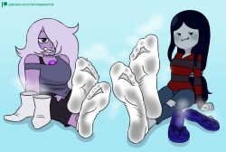 adventure_time amethyst_(steven_universe) cartoon_network cartoons cartoony feet feet_up female fiction fictional_character flip-flops flip_flops foot_fetish foot_focus gem gem_(species) girls girly hair marceline mr._chase_comix sandals shoes shoes_removed socks socks_on steven_universe sweat sweaty sweaty_socks women