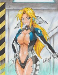 1girls 2022 blonde_hair blue_eyes cleavage commission dead_or_alive female female_only futuristic_clothing hair_ribbon hand_on_hip helena_douglas light-skinned_female long_hair pale-skinned_female parted_bangs pencil_(artwork) ponytail ravern_clouk sci-fi shiny_skin tagme