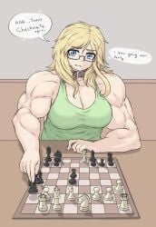 1girls amazon athletic athletic_female big_muscles buff busty chess cleavage cute disappointed_look distracted embarrassed first_person_view fit_female glasses long_hair looking_at_viewer muscle_tone muscular_arms muscular_back muscular_female muscular_shoulders necklace nerd nerdy_female original_character playing pov sheepapp sitting sophie_(sheepapp) sweatdrop table tank_top text text_bubble thick thick_arms thought_bubble