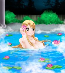 claudia_dragneel convenient_censoring fairy_tail hair_over_breasts hot_spring lily_(flower) lucy_heartfilia nude_female steam wet