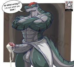 abs anthro balls biceps blush bodily_fluids cum genital_fluids genitals hi_res kudo_(the_dawn_of_the_witch) leaking_cum lizard male male_only masterelrest muscular muscular_anthro muscular_male penis reptile scalie solo tail the_dawn_of_the_witch towel vein veiny_penis