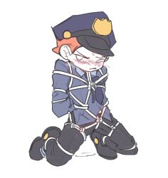 blush clothed_male clothes dol_(artist) hair male male_only newgrounds orange_hair pale-skinned_female pico's_school pico_(newgrounds) police_uniform rope rope_bondage ropes tied_up white_background