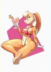 1girls alternate_version_available anthro beverage big_breasts breasts erect_nipples erect_nipples_under_clothes female female_only furry holding holding_beverage lola_bunny looking_at_viewer looney_tunes navel nipples notilustregui one-piece_swimsuit pubic_hair rabbit red_swimsuit smile solo solo_female space_jam swimsuit warner_brothers