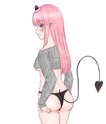 1girls airi00100 black_panties blue_eye blush demon_girl demon_horns demon_tail female female_only horns light-skinned_female light_skin looking_at_viewer panties pink_hair pointy_ears production_kawaii reina_sun_(vtuber) seductive simple_background smile solo sweater tail virtual_youtuber white_background