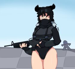 1girls army_uniform bad_anatomy big_breasts black_hair blush camex_ closed_mouth clothing firearm glasses gloves goggles_on_head gun holding_gun holding_object horns human pale_skin rifle roblox roblox_avatar robloxian scarf_over_mouth self_upload tactical_gear tagme thick_thighs weapon