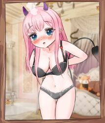 1girls airi00100 bedroom black_bra black_panties blue_eyes blush bra demon_girl demon_horns demon_tail eyebrows_visible_through_hair female female_only horns indoors light-skinned_female light_skin mirror nose_blush panties pink_hair plushie production_kawaii reina_sun_(vtuber) room solo tail undressing virtual_youtuber