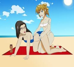 2girls agent_aika aika_sumeragi all_fours anoneysnufftan applying_sunscreen baroness_(g.i._joe) beach bikini blonde_hair blue_eyes brown_hair coppertone crossover defeated defeated_villainess earrings eastern_and_western_character edasbild embarrassed female female_only g.i._joe glasses humiliation imminent_death killer_lotion kneeling long_hair lotion_bottle massage murder ocean peril punishment rubbing sand seaside sky snuff summer sunbathing swimsuit towel