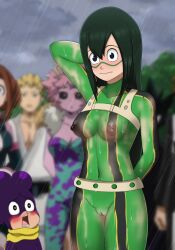 black_hair bodypaint exhibitionism exposed female medium_breasts minoru_mineta my_hero_academia nipples outside painted_clothes rain setrakian tsuyu_asui