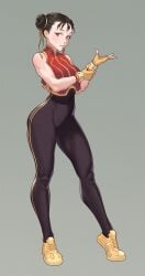 1girls 2019 black_hair brown_eyes capcom cheshirrr chun-li female female_only fingerless_gloves fully_clothed hair_buns looking_at_viewer muscular_female sneakers solo spiked_bracelets street_fighter street_fighter_alpha yoga_pants