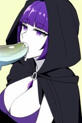 ai_generated beast_boy blowjob cleavage cloak cum cum_in_mouth dc dc_comics fellatio green_penis highres male/female nai_diffusion pale_skin purple_eyes purple_hair rachel_roth raven_(dc) rubycks sex stable_diffusion straight teen_titans yellow_background