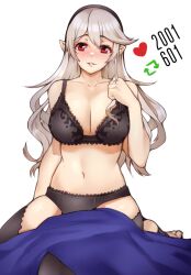 1340smile 1girls bare_thighs black_underwear bra breasts cleavage corrin_(fire_emblem) corrin_(fire_emblem)_(female) female female_only fire_emblem fire_emblem_fates grey_hair hairband inner_thighs large_breasts lingerie long_hair looking_at_viewer meme midriff nintendo panties pointed_ears red_eyes smile solo thighs twitter_strip_game_(meme) undressing