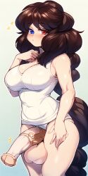 ai_generated balls big_penis blue_eyes breasts dark_hair emzie01 futanari heterochromia horsecock human_with_animal_genitalia nai_diffusion panties pout pouting red_eyes stable_diffusion tail tank_top