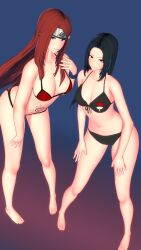 2girls a-lex bare_legs bare_shoulders barefoot big_breasts bikini black_hair breasts cleavage female female_only full_body headband koikatsu konohagakure_symbol looking_at_viewer multiple_girls naruto naruto_(series) naruto_shippuden naughty_face red_hair smile stomach_tattoo swimsuit take_your_pick tattoo uchiha_mikoto uchiha_symbol uzumaki_kushina