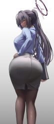 1girls alternate_version_available ass black_hair black_pantyhose blue_archive breasts brown_skin bubble_butt cleaning_&_clearing_(blue_archive) clothed clothed_female dark-skinned_female dark_skin dat_ass female female_only grey_pencil_skirt grey_skirt halo huge_ass huge_breasts karin_(blue_archive) karin_kakudate long_hair looking_at_viewer millennium_science_school_student office_lady pantyhose pencil_skirt ponytail silver_bullet silver_bullet_(ecc12_8) skirt slim_waist teacher thick_thighs thighs yellow_eyes