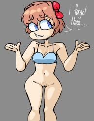 ... arms_up big_eyes blue_bra blue_eyes bottomless bow bra cartoony cleft_of_venus doki_doki_literature_club english_text female forgetting forgot front_view gray_background grey_background guilty human just_sayori no_panties orange_hair pelvic_lines pubic_hair pubic_stubble pussy pussy_stubble red_bow sayori_(doki_doki_literature_club) shaved_pussy shrug shrugging skinny_girl solid_color_background solo subtle_pussy text thick_thighs thigh_gap toony triplestabber wide_hips