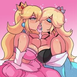 2girls black_bra blonde_hair blush bra crown dress drool drooling female female_only gradient_background kiss_mark kissing lingerie loggus_doggus long_hair making_out mario_(series) nintendo pink_background pink_bra princess princess_peach princess_rosalina sweat sweatdrop taking_clothes_off undressing yuri