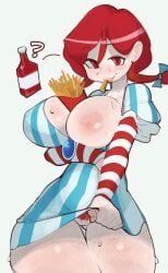 1girls blush bottomless food fries hair_ornament looking_at_viewer one_breast_out partially_clothed pubic_hair pubsnsfw pussy red_eyes red_hair smile solo standing sweat thick_thighs wendy's wendy_thomas