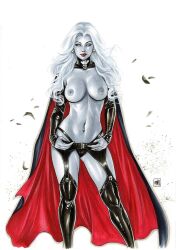 big_breasts chaos_comics coffin_comics death_(personification) erect_nipples female female_only grim_reaper high_resolution highres lady_death long_hair looking_at_viewer mike_krome navel_piercing queen_of_the_dead topless_female voluptuous_female white_body white_hair white_sclera