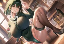 1girls ai_generated ass belly big_ass big_breasts big_butt blush breasts busty cameltoe clothed clothing covered_navel covered_pussy crouching curvy curvy_body curvy_female curvy_figure dark_green_hair eye_contact eyelashes fat_ass female front_view fubuki_(one-punch_man) glass glass_of_wine green_eyes green_hair green_sweater heels high_heels hips hourglass_figure huge_breasts indoors labia large_ass large_breasts leotard light-skinned_female light_skin lips lipstick looking_at_viewer nai_diffusion navel necklace one-punch_man pearl_necklace plump_labia shiny_skin shoes sitting smile smiling smiling_at_viewer solo squatting stable_diffusion stockings sweater thick_thighs thigh_squish thighhighs thighs tight_clothing voluptuous wide_hips