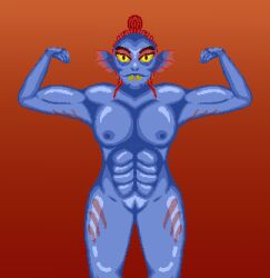 1girls 2d abs big_breasts blue_skin defined_muscles deltarune female fins fish_girl fit fit_female flexing flexing_arms flexing_bicep gradient_background large_breasts long_hair monster_girl muscle_girl muscles pixel_art red_hair sharp_teeth shaved_crotch shaved_pussy shiny_skin solo strong_woman tagme thick_thighs undertale undertale_(series) undyne yellow_eyes yellow_teeth