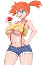 asymmetrical_hair breasts creatures_(company) denim denim_shorts female game_freak gen_1_pokemon green_eyes hair_tie highres holding holding_poke_ball huge_breasts kasumi_(pokemon) large_breasts looking_at_viewer midriff misty_(pokemon) navel nintendo open_mouth orange_hair poke_ball pokemon pokemon_(anime) pokemon_(classic_anime) pokemon_(game) pokemon_rgby ponytail runate shirt short_hair shorts side_ponytail sleeveless sleeveless_shirt smile solo suspenders thighs tied_hair underboob