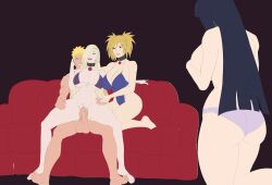 1boy 3girls blonde_hair blunt_bangs boruto:_naruto_next_generations bottomless bottomless_female choker couch cowgirl_position cuckquean ffm ffm_threesome hair_over_one_eye hyuuga_hinata ino_yamanaka kneeling lipstick long_hair makeup male/female/female moaning naruto naruto:_the_last naruto_(series) neckwear netorare ntr one-piece_swimsuit purple_hair reverse_cowgirl_position sex sitting sitting_on_lap sitting_on_person temari tenshin-ta tied_hair topless topless_female twintails uzumaki_naruto uzumaki_symbol vaginal_penetration vaginal_sex voluptuous voyeur voyeurism watching