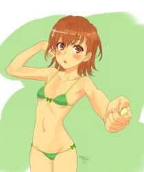 10s 1girls 2018 absurd_res armpits arms_up bare_shoulders bare_thighs bikini blush breasts brown_eyes brown_hair coin collarbone dated female green_bikini green_swimsuit hair_flower hair_ornament hi_res hips holding_object looking_to_the_side matching_hair/eyes midriff misaka_mikoto navel official_art short_hair signature simple_background small_breasts solo standing swimsuit tanaka_yuuichi teenage_girl teenager thighs to_aru_kagaku_no_railgun to_aru_majutsu_no_index young