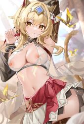 1girls blonde_hair breasts erect_nipples eremite_(genshin_impact) eremite_(genshin_impact)_(cosplay) female genshin_impact loki1998 lumine_(genshin_impact) medium_breasts midriff nipple_slip nipples skirt solo wardrobe_malfunction wenbugu yellow_eyes