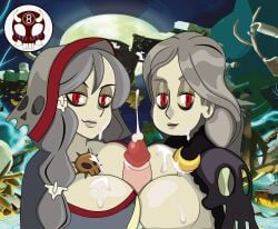 2girls 8ball9615 annie's_mother big_breasts cum_on_breasts cum_on_face double_boobjob half-dressed milf multiple_girls paizuri pale-skinned_female red_eyes selene_contiello skull_ornament skullgirl_(creature) skullgirls squeezing_breast undead undead_female