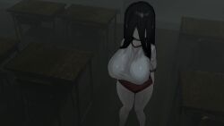 black_hair classroom curvaceous desk female female_only ghost_girl grey_skin gym_uniform huge_breasts long_hair shikisokuzeku76 shirt the_ring underwear yamamura_sadako