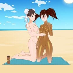 2girls anoneysnufftan applying_sunscreen asymmetrical_hair beach blush breasts brown_hair chun-li coppertone defeated defeated_villainess edasbild embarrassed embarrassed_nude_female female female_only hair_ornament humiliation imminent_death imminent_orgasm killer_lotion kneeling lotion massage multiple_girls murder nipples nude ocean oil oiled peril pink_eyes punishment pussy rubbing sand seaside sitting sky snuff soul_calibur street_fighter summer sunbathing sunscreen tira towel